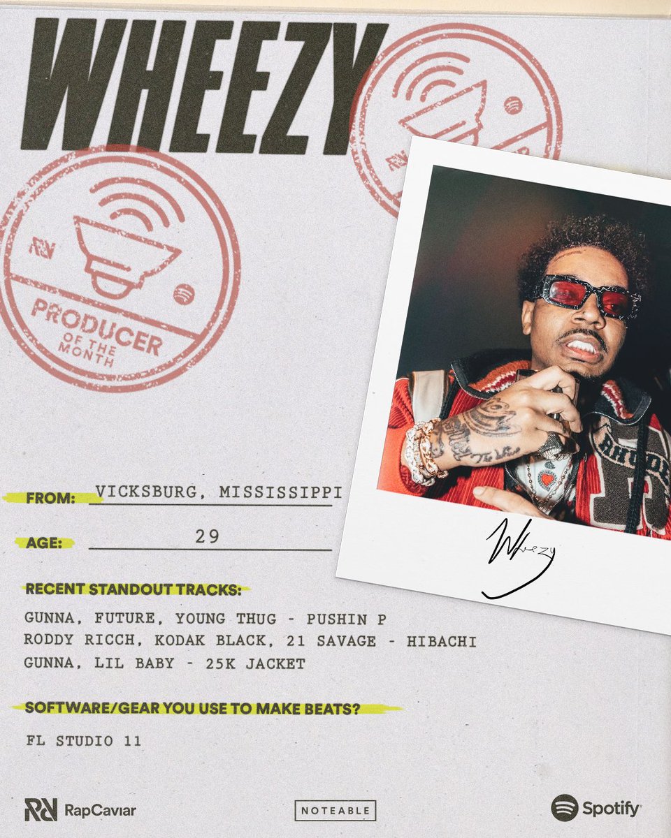 Introducing <a href="/wheezy0uttahere/">Wheezy Wave</a> as Rap Caviar's Producer of the Month! Huge thank you to <a href="/RapCaviar/">RapCaviar</a> &amp; @noteable 🙏