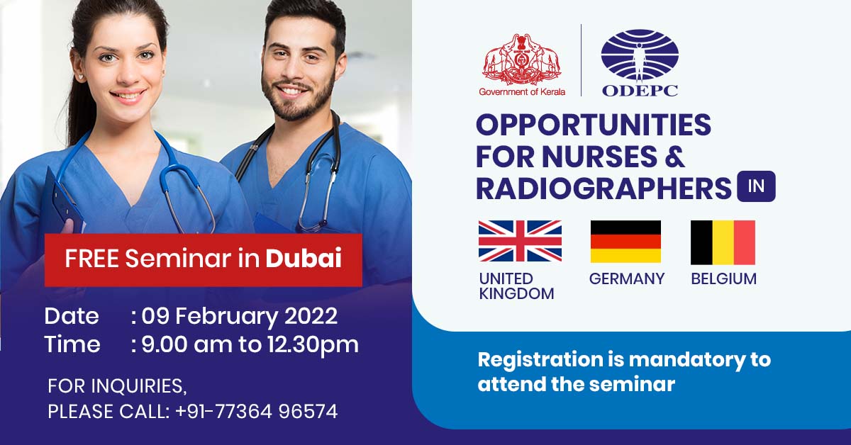 ODEPC Conducts 𝐅𝐑𝐄𝐄 𝐒𝐞𝐦𝐢𝐧𝐚𝐫 in Dubai for Nurses &amp; Radiographers.

👉 👉 𝐑𝐞𝐠𝐢𝐬𝐭𝐞𝐫 𝐧𝐨𝐰, limited Seats available: odepc.co.in/dxb-seminar 

📅 𝐃𝐚𝐭𝐞: 09 February 2022
🕘 𝐓𝐢𝐦𝐞: 9:00 am to 12:30 pm

📍 𝐕𝐞𝐧𝐮𝐞: Marco Polo hotel, Deira, Dubai
