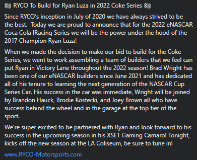 🏁COKE SERIES 2022🏁

We're super excited for the upcoming season, and proud to be putting the power under the hood of <a href="/RyanLuza/">Ryan Luza</a>'s <a href="/XSET/">XSET</a> Chevy Camaro!