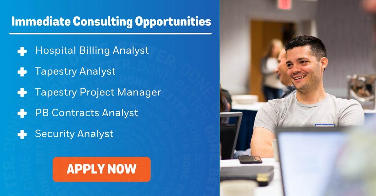 Are you a Revenue Cycle guru looking for your next consulting role? Look no further: we have opportunities in a variety of applications kicking off immediately! If you’re interested in learning more, send our Talent team a message: bit.ly/3L1Lbsl
#HealthIT #EpicJobs
