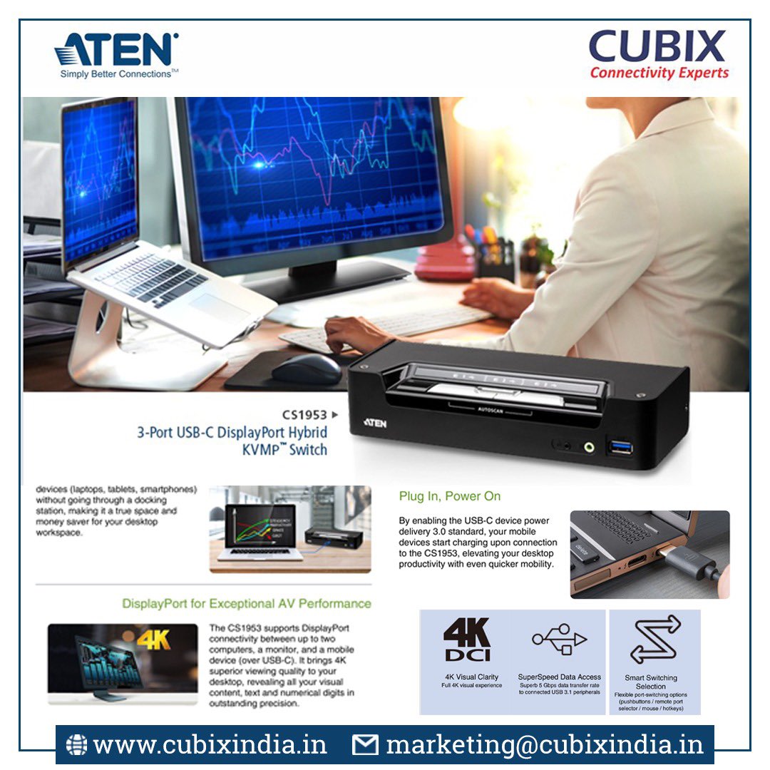 CubixIndia's tweet photo. The #CS1953, the industry’s first 3-port USB-C #DisplayPort Hybrid #KVMP™ Switch, carries out ergonomic desktop style with the power of a KVM and the popularity of USB-C connectivity to facilitate professional and commercial #workstation applications with better mobility. https://t.co/hLlAUyE9UG
