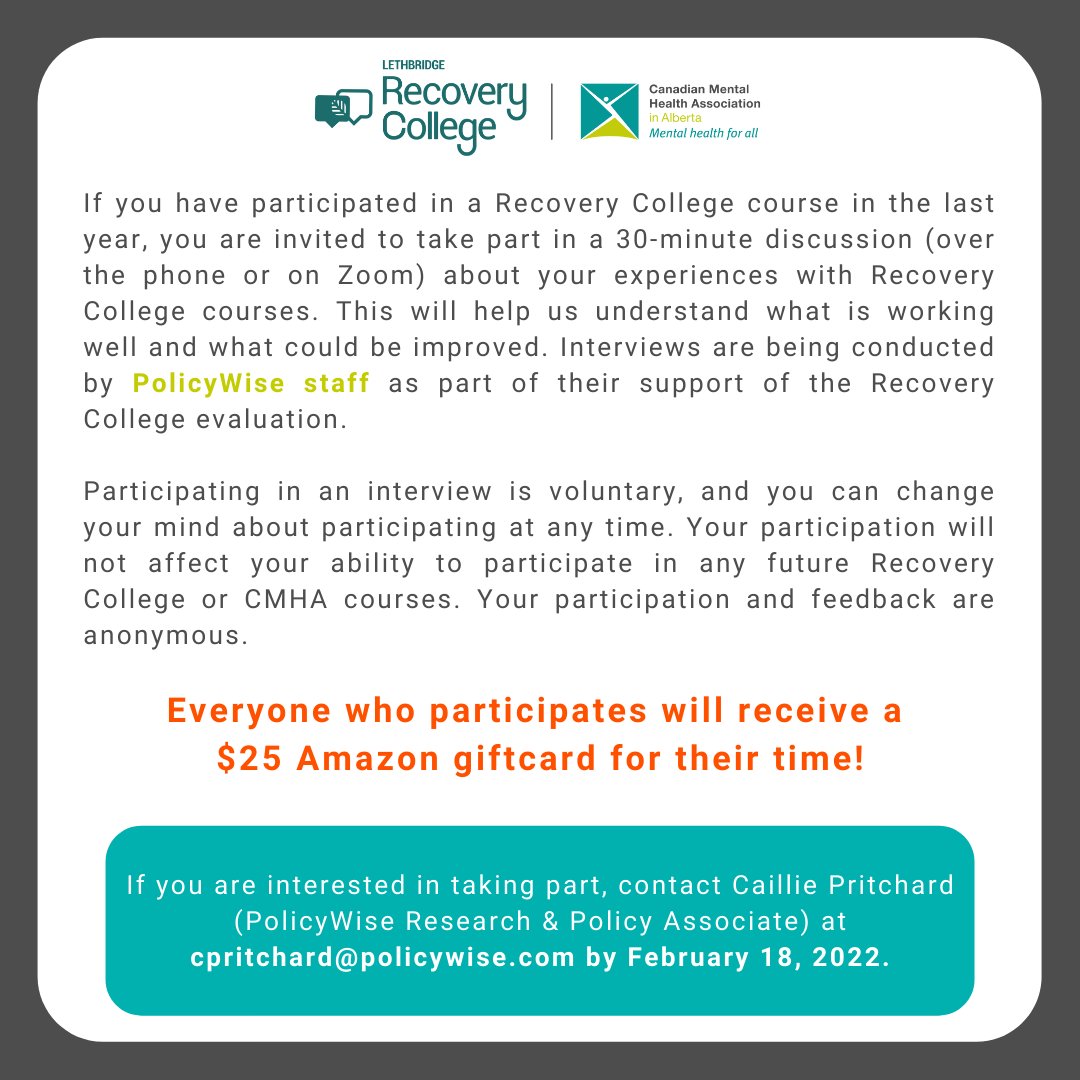 📢📢📢 If you have taken a #RecoveryCollegeLethbridge course in the past year, WE WANT TO HEAR FROM YOU! 📢📢📢 Swipe to learn how to receive a $25 Amazon gift card for your time and input!