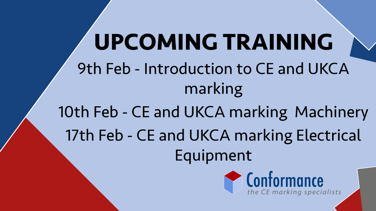 ConformanceLtd's tweet photo. We are starting our 2022 training offer next week with introduction to CE and UKCA marking, book a place though our shop. https://t.co/McnbBv56yL
#safety #compliance #manufacturing #training https://t.co/yPPeSngpRr