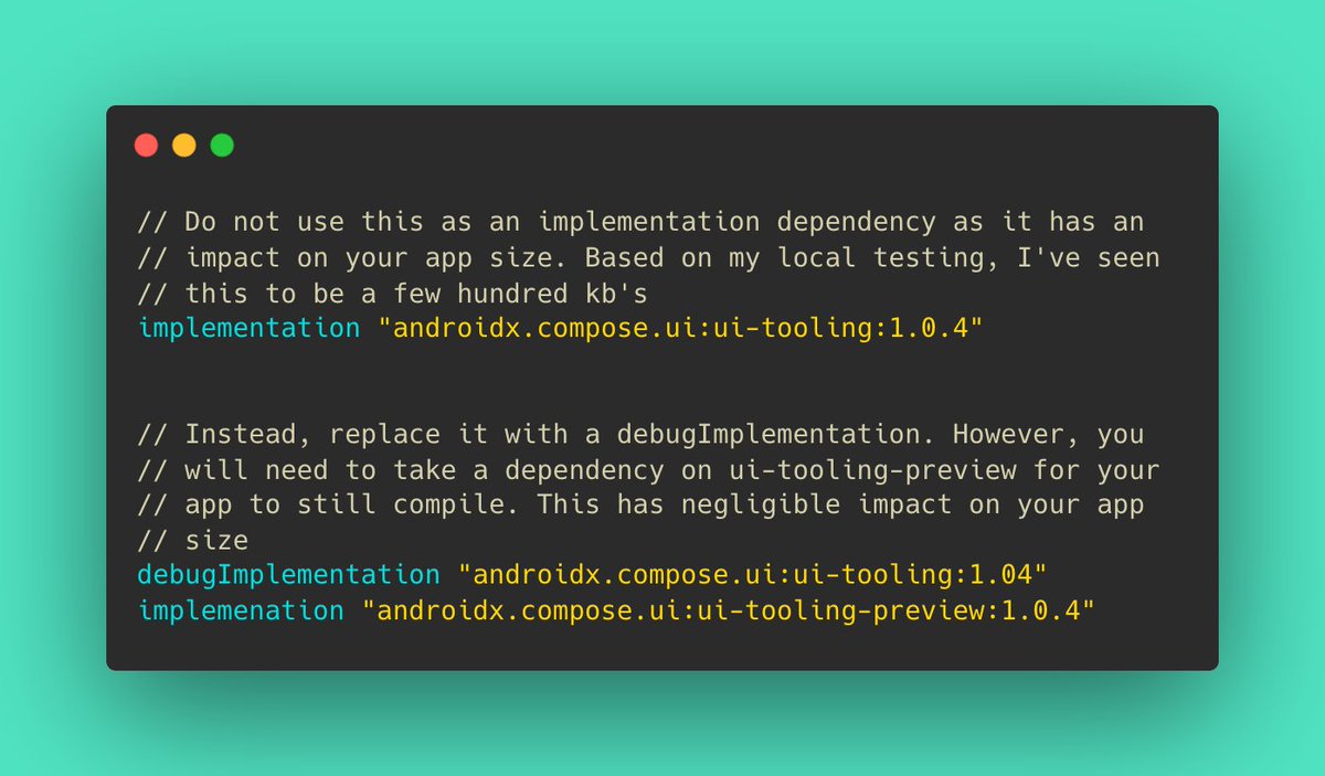 VinayGaba's tweet image. If you are using Jetpack Compose in your apps, here's a 1 line change that's going to save you a few hundred kb's from your app size.
This is primarily targeting the "Preview" dependency.
#AndroidDev #JetpackCompose
