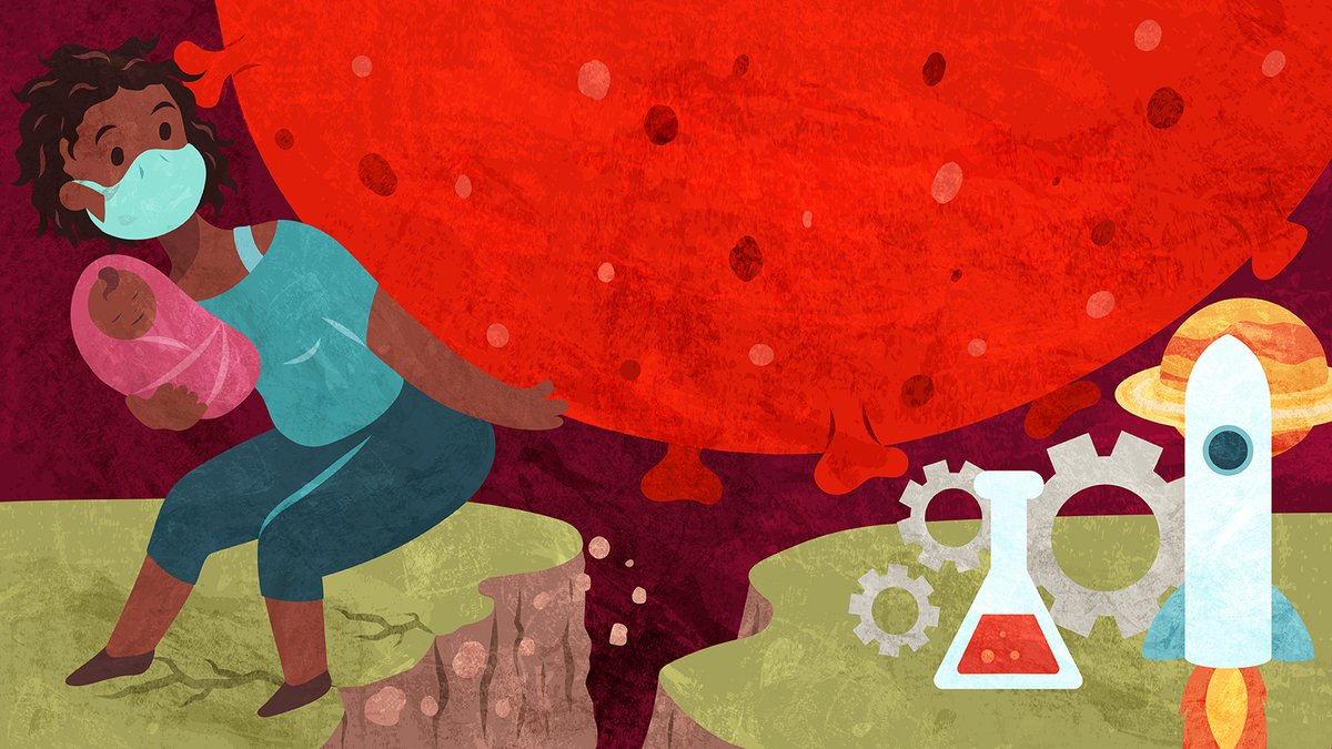 Illustration showing a masked parent holding a small newborn child in one arm, and with the other arm, holding up a large red-coloured COVID-19 particle, while standing on a cliff. The cliff is separated from a second cliff by a growing gap/crevice, rocks are breaking off. On the second cliff, there are depictions of science: a beaker, a rocket, three gears and a planet.