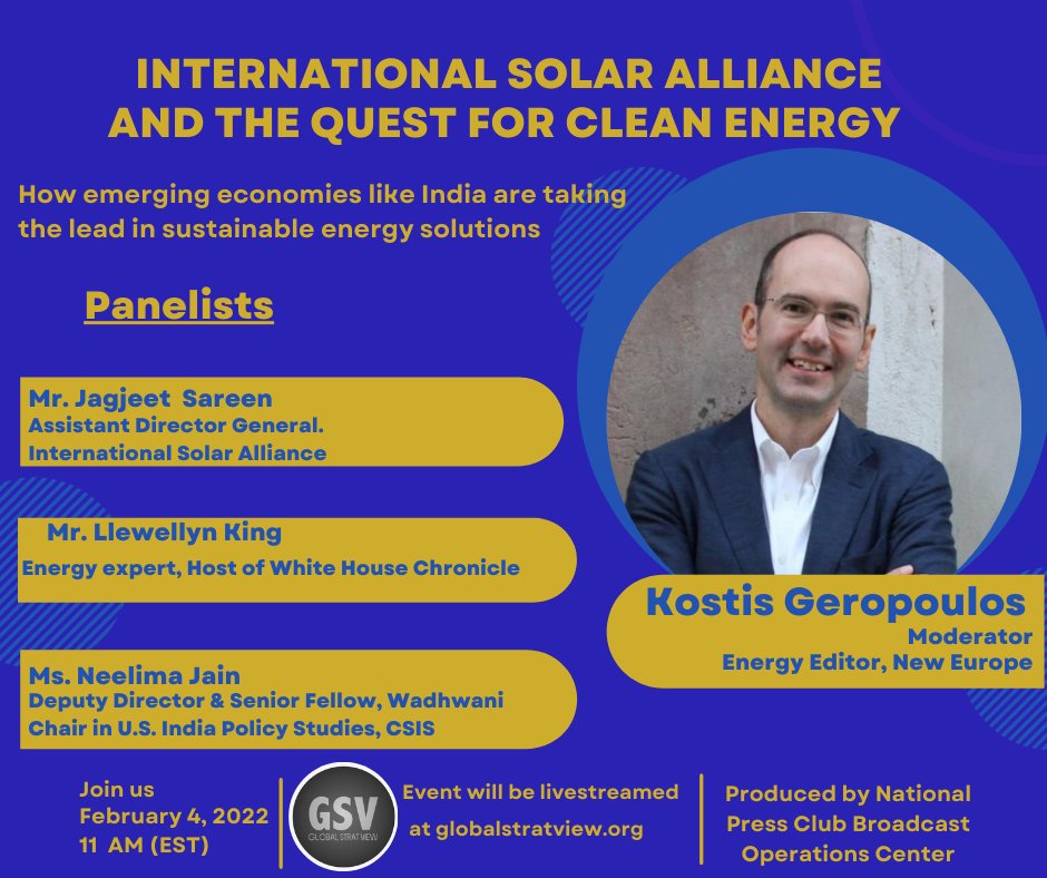 PressClubDC's tweet photo. Virtual think tank @globalstratview will host an online panel discussion Friday, Feb. 4 at 11am @PressClubDC to discuss future trends in solar energy, emerging markets, and the International Solar Alliance. Details: https://t.co/ept0vx6lE1 https://t.co/dpiEDl2AkR