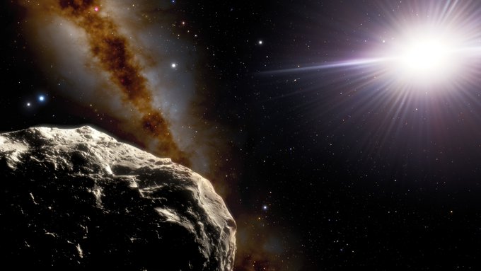 Astronomers have confirmed that an asteroid discovered in 2020 by the Pan-STARRS1 survey, called 2020 XL5, is an Earth Trojan and revealed that it is much larger than the only other Earth Trojan known. In this illustration, the asteroid is shown in the foreground in the lower left. The two bright points above it on the far left are Earth (right) and the Moon (left). The Sun appears on the right. 

Credit:
NOIRLab/NSF/AURA/J. da Silva/Spaceengine
Acknowledgment: M. Zamani (NSF’s NOIRLab)