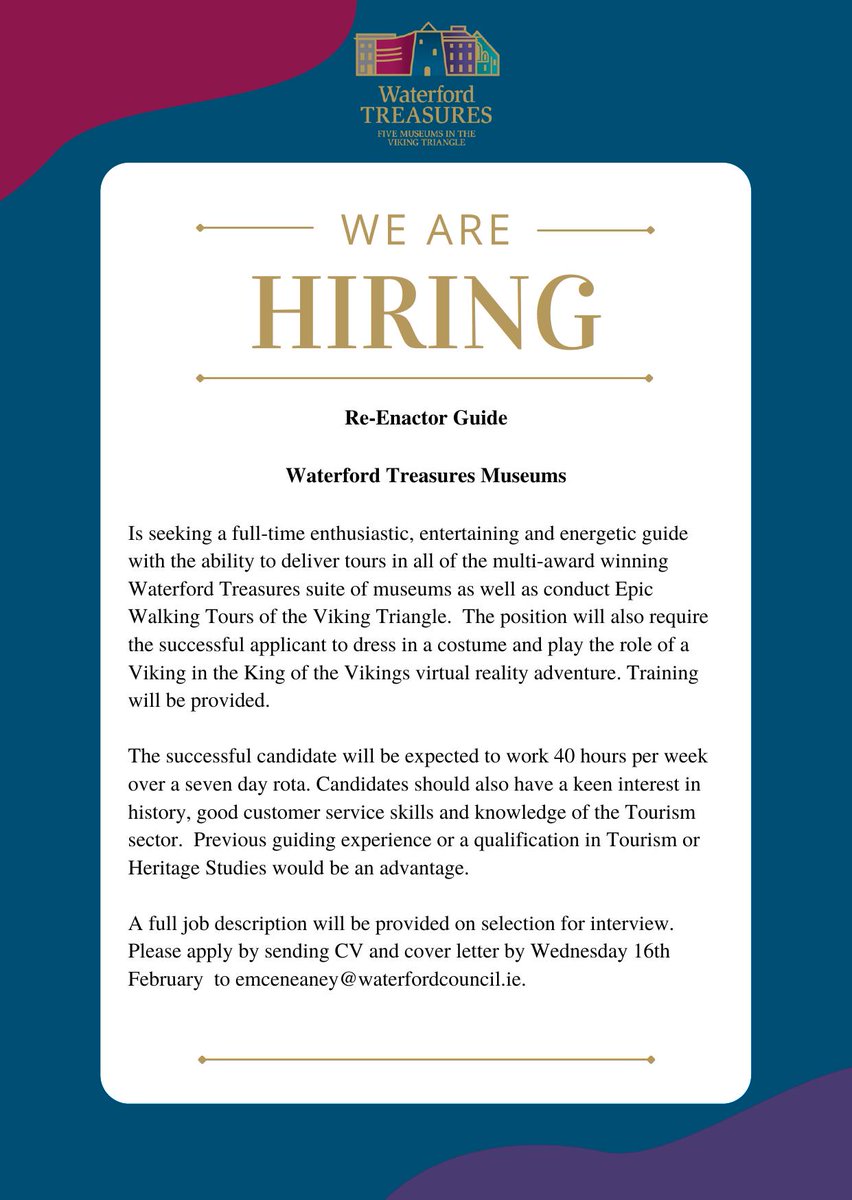 WE ARE HIRING! We're looking for a new re-enactor guide to work at our suite of museums - check out the details below.

#jobfairy