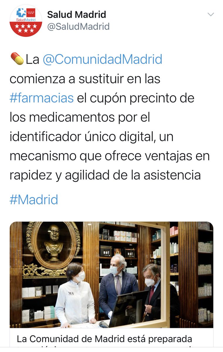 Erny_77's tweet photo. ¿¿Adios al cupón precinto?? Otra muy buena noticia para la farmacia madrileña, siempre innovando y avanzando de manera clara y concisa hacia la farmacia del futuro.
Bravo @COFMadrid https://t.co/sz6ZrJCRum