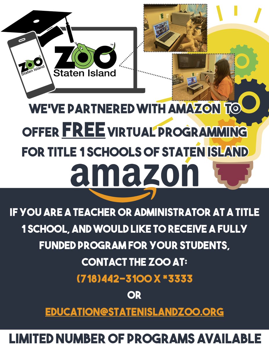 The Staten Island Zoo has received a generous grant from Amazon <a href="/amazon/">Amazon</a>  to provide FREE virtual programs to Title 1 Schools on Staten Island!  We still have a few spots left, please contact education@statenislandzoo.org for more details.