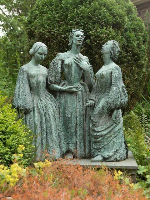 thebrontesbot's tweet photo. Statue of the Brontë sisters at the Brontë Parsonage Museum in Haworth, England. https://t.co/rHn0Z2iFHL