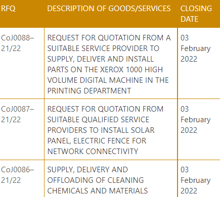 MunicipalNotice's tweet photo. Current RFQs at City of Johannesburg: digital machine, solar panel & cleaning chemicals 📆 By 03 February 2022 https://t.co/29Y69Ou0VM #JohannesburgNotice #DigitalNotice https://t.co/RhVVM4j9a9