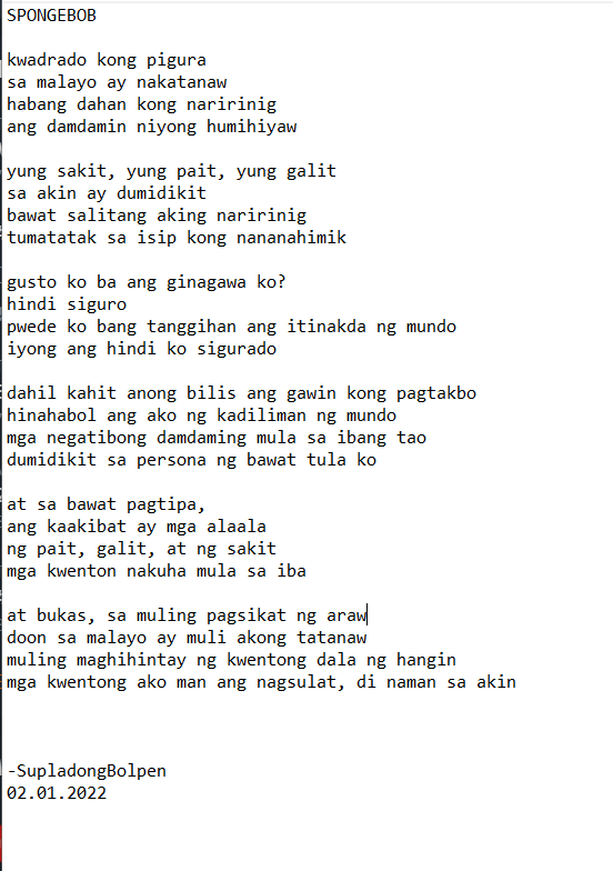 @Helquiin28 SPONGEBOB

-SupladongBolpen
02.01.2022

#TintaNgBolpen #SupladongBolpen #RPS

<a href="/humeyesu/">HuMe</a> @KesongMacho <a href="/RPS_042716/">Raconteur Poet Soc.</a>