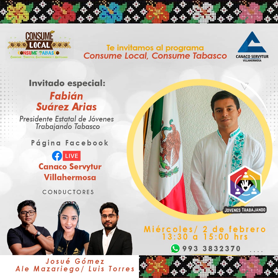 CanacoVhsa's tweet photo. No te pierdas este jueves nuestro programa #ConsmeLocal #ConsumeTabasco donde tendremos muchos invitados. Conduce Josué Gómez, Ale Mazariego y Luis Arana.
Te esperamos de 1:30 a 3:30 de la tarde por la fanpage de Canaco Servytur Villahermosa https://t.co/8afyDIA86M