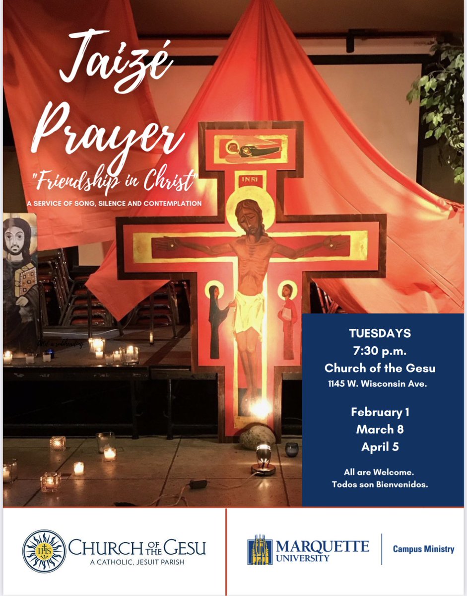 Taizé Prayer is filled with song, scripture and silent meditation. This ecumenical form of prayer is modeled on the style as practiced in the Taizé Community in France. Taizé Prayer takes place on Tuesdays once each month from 7:30-8:15 pm at the Church of the Gesu.