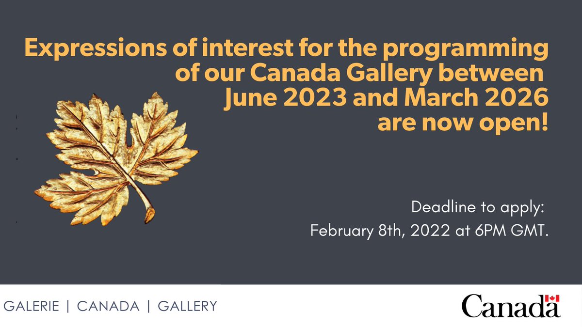 📢 We’ve extended the #CanadaGallery expressions of interest deadline to 8 Feb!
Got a visual arts project that would suit our programming? Now is your chance to get your project included in our programming between June 2023 and March 2026. 🇨🇦
 
Apply NOW: culturecanada.co.uk/expressions-of…