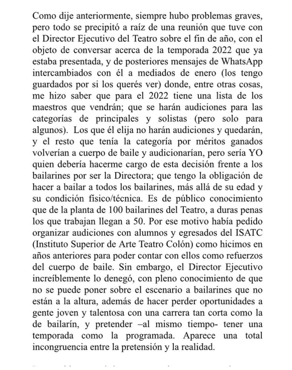 OperaRosa's tweet photo. Paloma Herrera renunció con esta carta que publicó en su IG a la Dirección del Teatro Colon. ¿Por qué se empecinan en hacer todo mediocre? https://t.co/sfRIGyPL1K