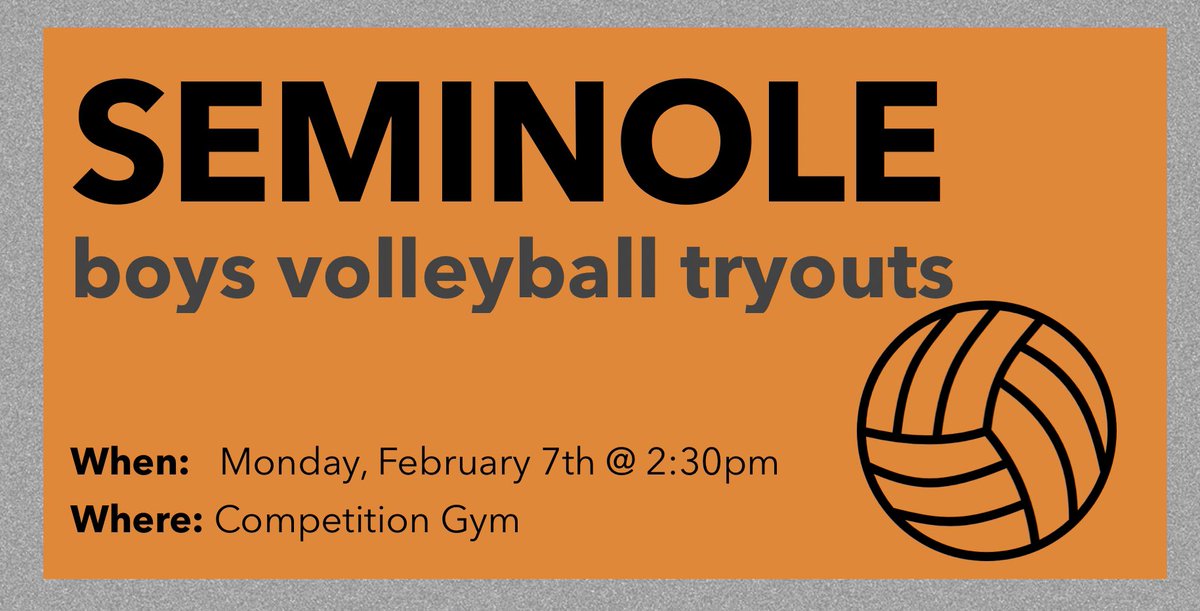 Seminole Volleyball🏐 (@bokeyvolleyball) on Twitter photo 🚨 REMINDER! 🚨
Volleyball tryouts start next week!! All students must have their paperwork and physicals up to date to tryout! See link below for additional information. 🏐
.
seminolehs.scps.k12.fl.us/athletics/team…
.
<a href="/shsnoles/">Seminole High School</a> <a href="/SanSemAthletics/">Seminole High School Athletics (Sanford)</a> @AD_NoleNation <a href="/JRod3510/">JordanRodriguez Ed. D</a> 🚨 REMINDER! 🚨
Volleyball tryouts start next week!! All students must have their paperwork and physicals up to date to tryout! See link below for additional information. 🏐
.
seminolehs.scps.k12.fl.us/athletics/team…
.
<a href="/shsnoles/">Seminole High School</a> <a href="/SanSemAthletics/">Seminole High School Athletics (Sanford)</a> @AD_NoleNation <a href="/JRod3510/">JordanRodriguez Ed. D</a>