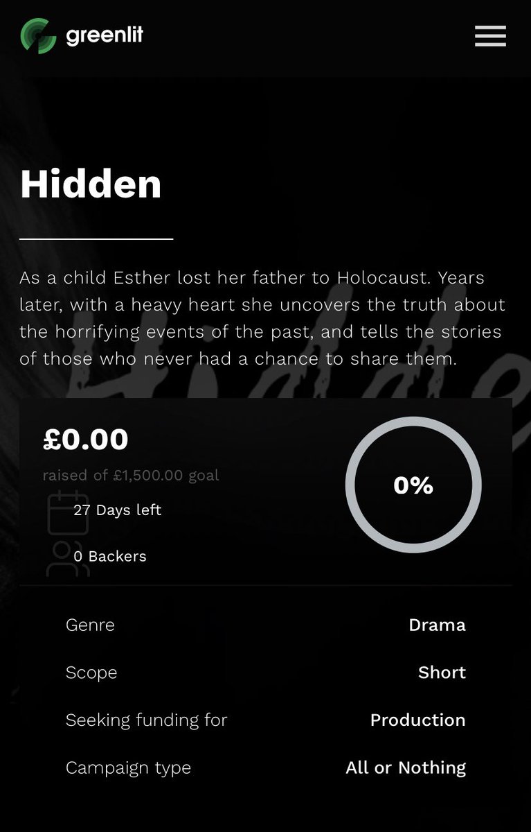 HiddenShort's tweet image. greenlit.com/project/hidden

This is a very ambitious project telling an incredibly important story and we will not be able to do it without your help.

Any donation spanning within your personal means would propel us closer to making our film a reality.