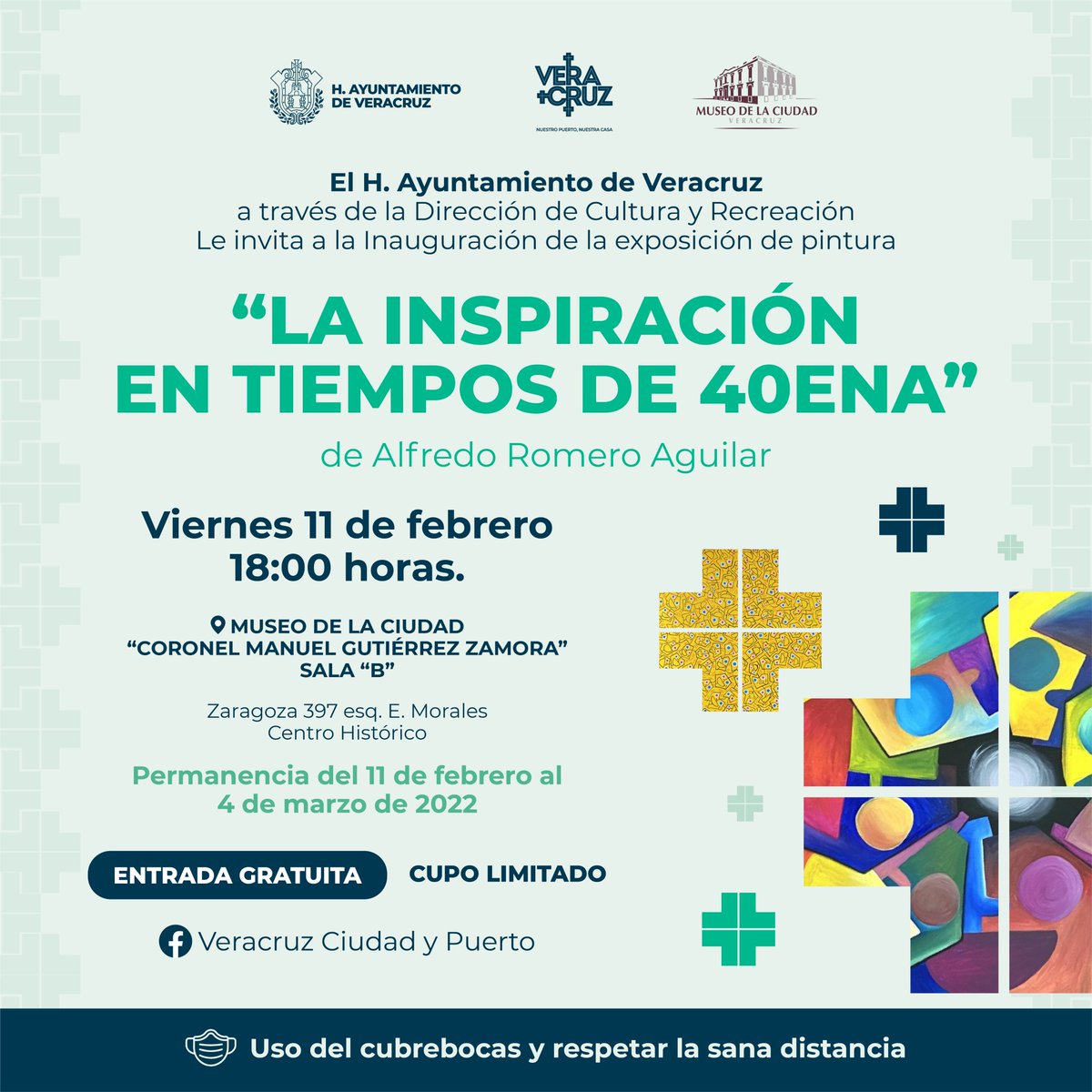 AyuntamientoVer's tweet image. Los invitamos a asistir a la inauguración de la exposición de pintura ‘‘La inspiración en tiempos de 40ena’’ por Alfredo Romero Aguilar, el viernes 11 de febrero a las 18:00 hrs en el Museo de la Ciudad. 
Cupo Limitado ¡Entrada Gratis! 
Av. Ignacio Zaragoza #397, Centro histórico