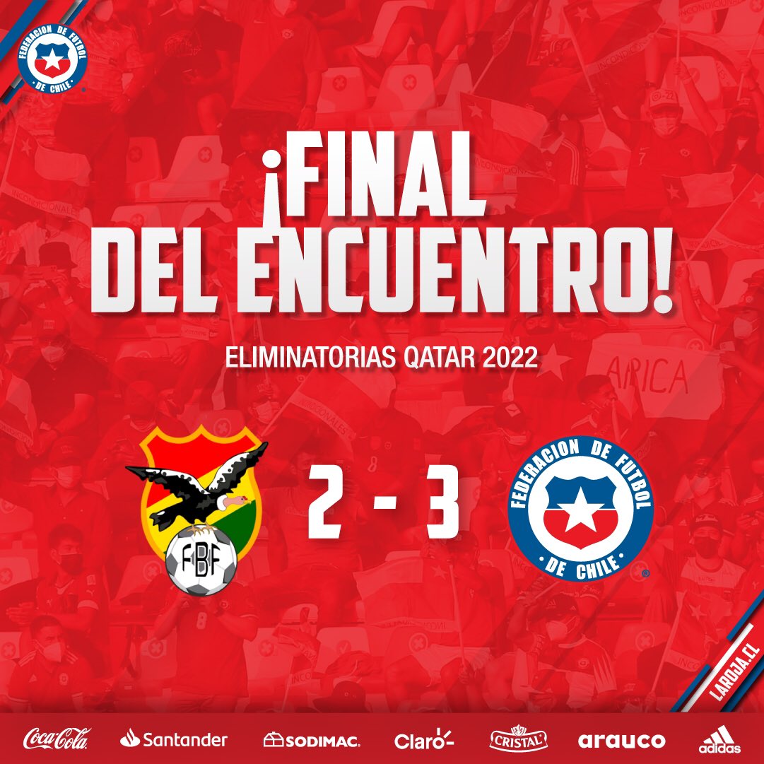 LaRoja's tweet photo. 🏟 ¡FINAAAAAAL EN LA PAZ! 

🤩 #LaRoja 🇨🇱 se impuso ante Bolivia 🇧🇴 por 3-2 en el Hernando Siles 🏟

👊 Esto no se detiene y vamos por todo en la dos ultimas fechas de las #EliminatoriasSudamericanas 

#VamosLaRoja #VamosChile https://t.co/jcRChMgdOq