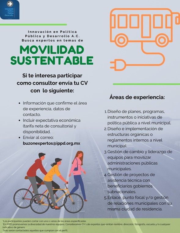 IPPDac's tweet image. IPPD está en busca de expertos para un proyecto de políticas públicas y gobierno en el tema de movilidad sustentable. 

Envía tú CV el correo: buzonexpertos@ippd.org.mx.
