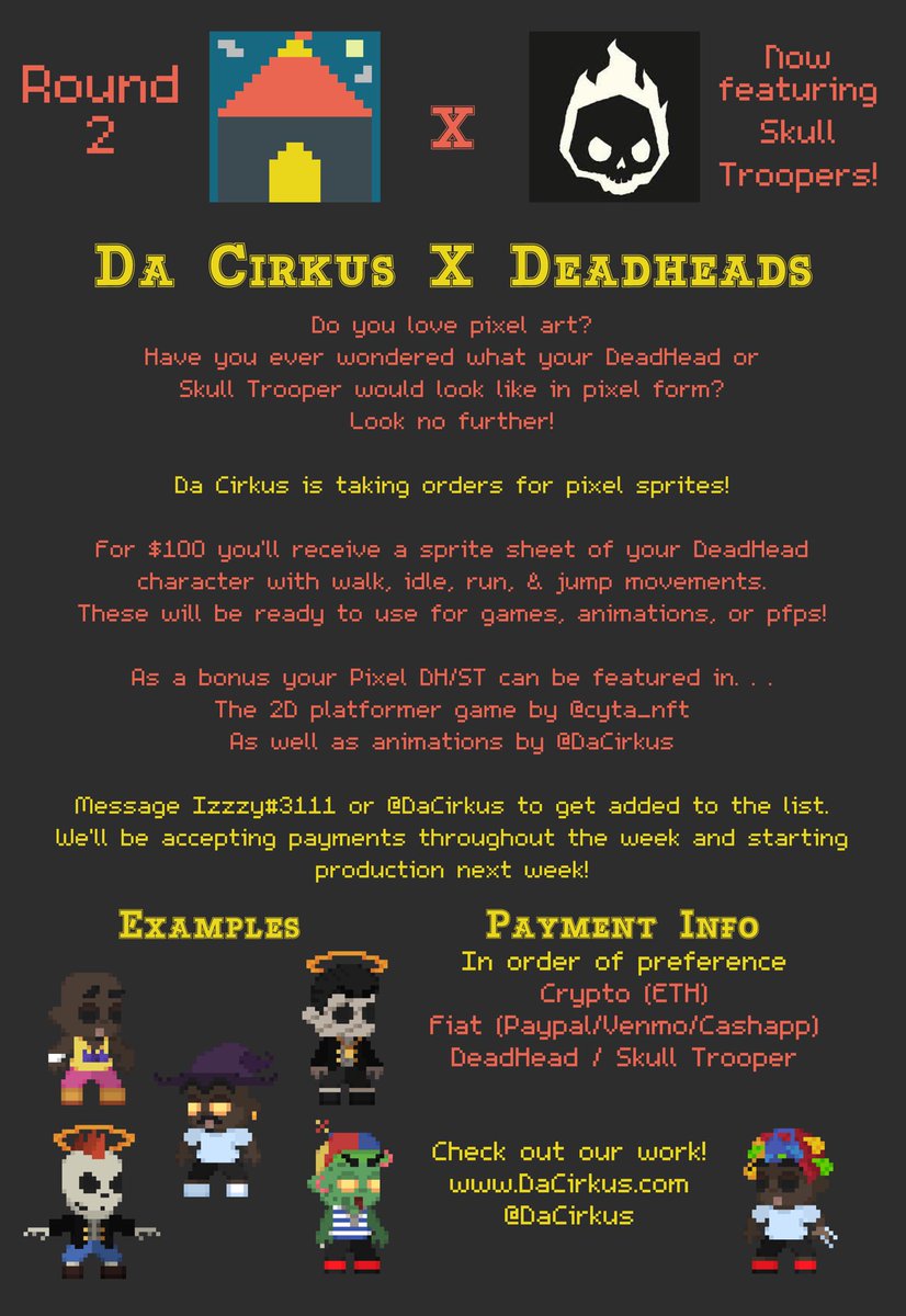 DaCirkus's tweet photo. Pixel @DeadHeadsNFT casting call!
Round 2!! Now featuring Skull Troopers! https://t.co/cn2Y0dJ5Sq