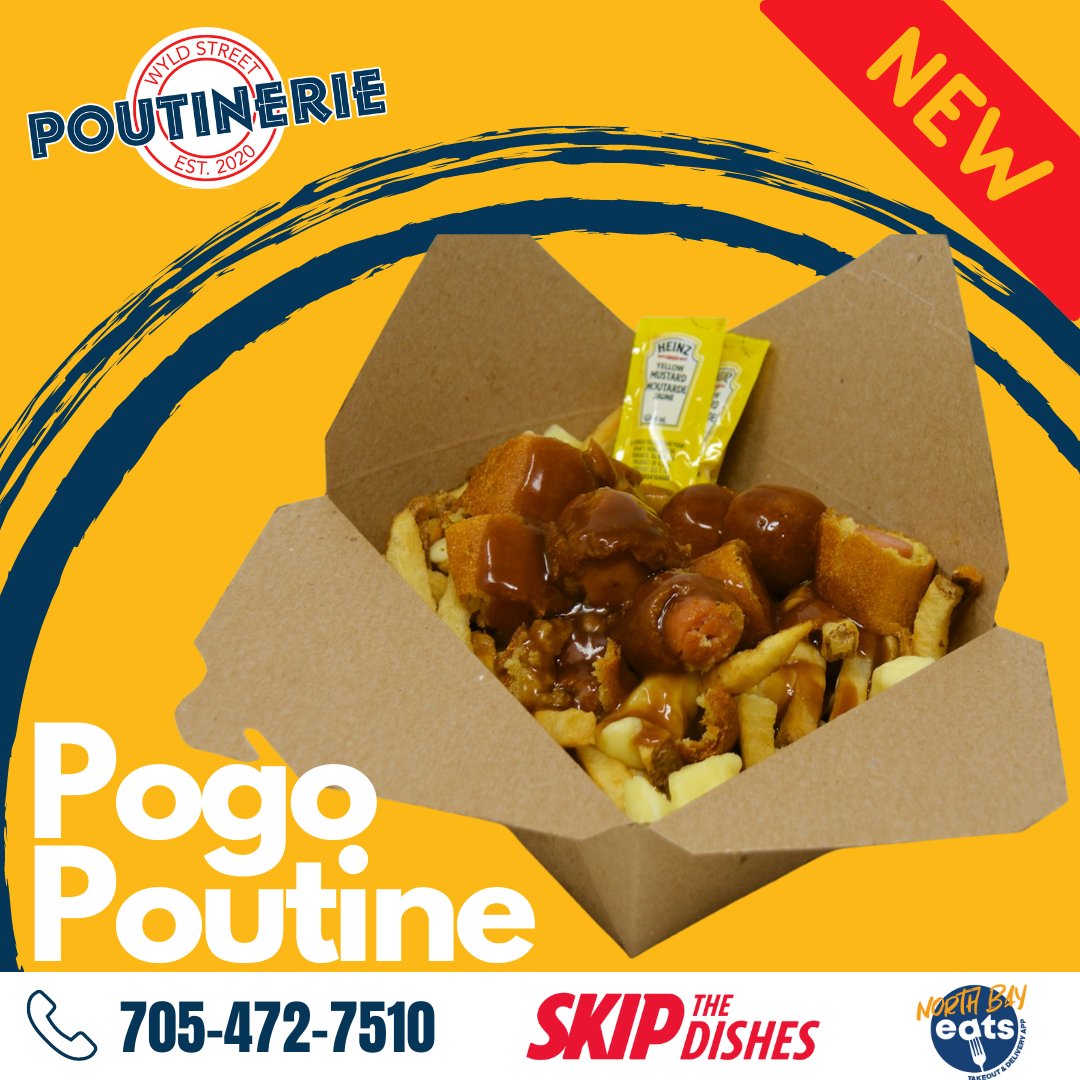 WyldStPoutine's tweet photo. 📢Introducing one of our NEW poutines 🥁 
👉 The Pogo Poutine! 👈
Try it out today 👇
Available on @north.bayeats  Take out &amp; Delivery app 
📲https://t.co/EKhWKP0WQS
📞By phone - tel:705.472.7510
🍴or Skip the Dishes https://t.co/YyfF4xlKu4