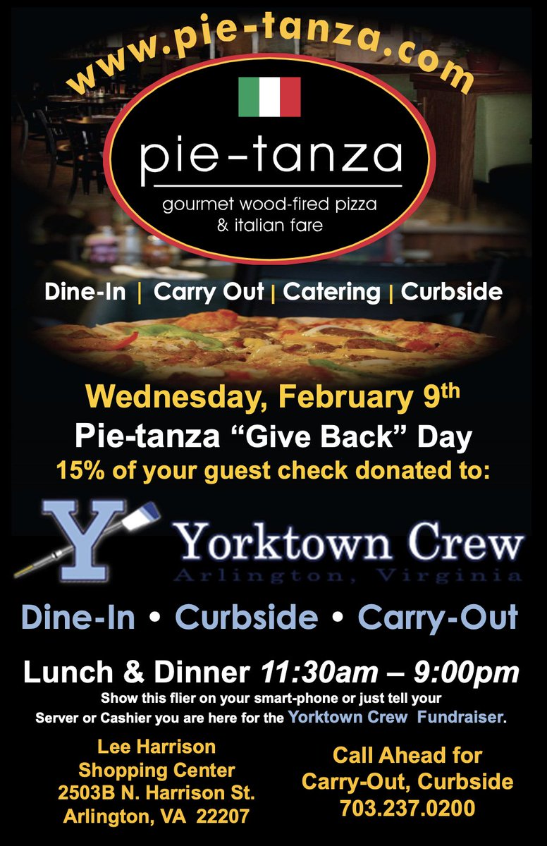 Our first dining out of the season is on Wednesday, February 9 at Pie-Tanza ! Dine in or carry out for lunch and dinner! Mention Yorktown Crew fundraiser when placing orders. 15% of your check will be donated to Yorktown Crew! #yhssports #yhscrew #pizza