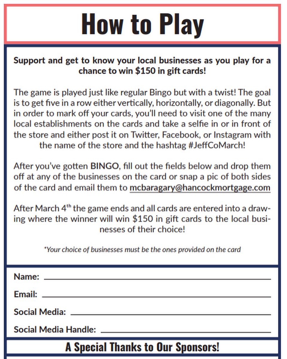HistTanglefoot's tweet photo. It’s here! JEFFCO Bingo!!! Make sure and stop in these local business to play JEFFCO Bingo. Today’s feature is StreetSide Whimsy. 
#jeffCoMarch #SupportSmallBusiness #supportlocal BINGO CARDS AVAILABLE AT ALL STORES! #shopsmall #bingo https://t.co/lrVxwCpQf7