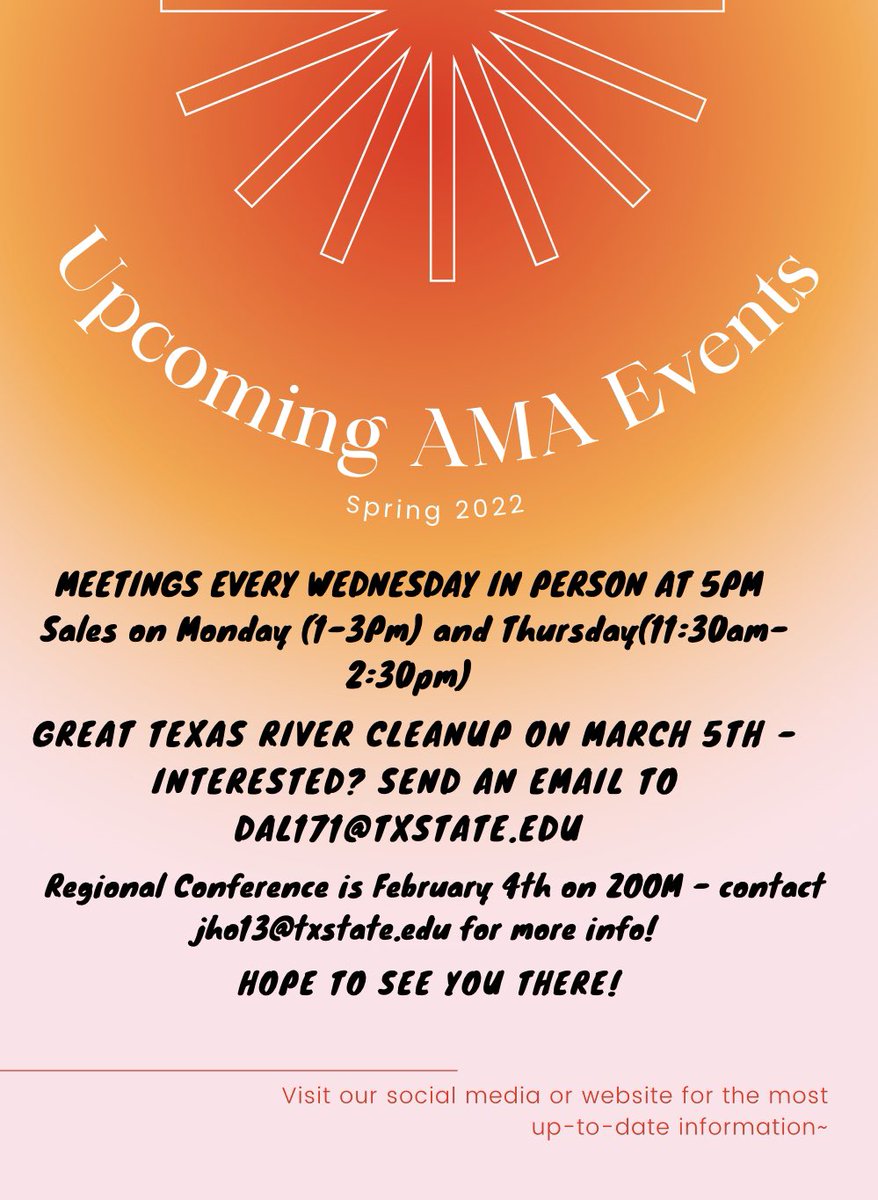 txst_ama's tweet photo. Upcoming Texas State AMA Events #texasstate #TXST #txstama #americanmarketingassociation https://t.co/v3mJ9af9aI