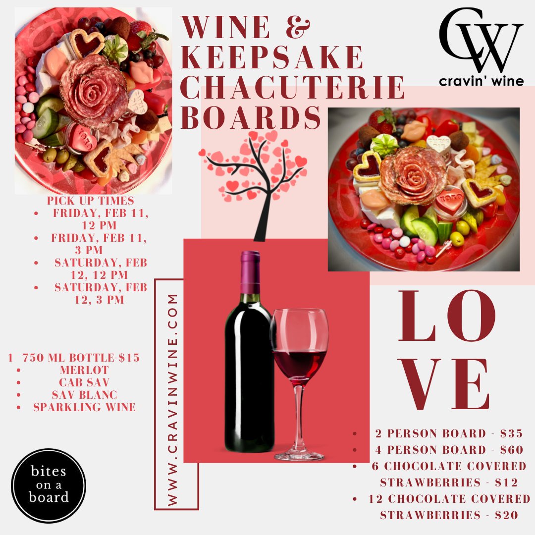 CravinWine's tweet photo. We're teaming up with bites on a board again! Need something yummy and fun for your special someone on V-Day?! PREORDER  Valentines Day boards and wine at https://t.co/eeUdvNKWgk or call 252-514-2675 now! https://t.co/5vqXTQ6TNQ