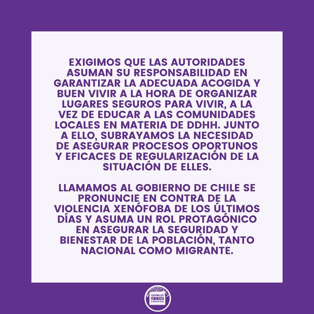Comunicado de Asamblea Plurinacional Feminista respecto de la situación en el norte del país 👇🏽

#crisismigratoria #migrantes #mujeresmigrantes #nortedechile #arica #iquique #feministas