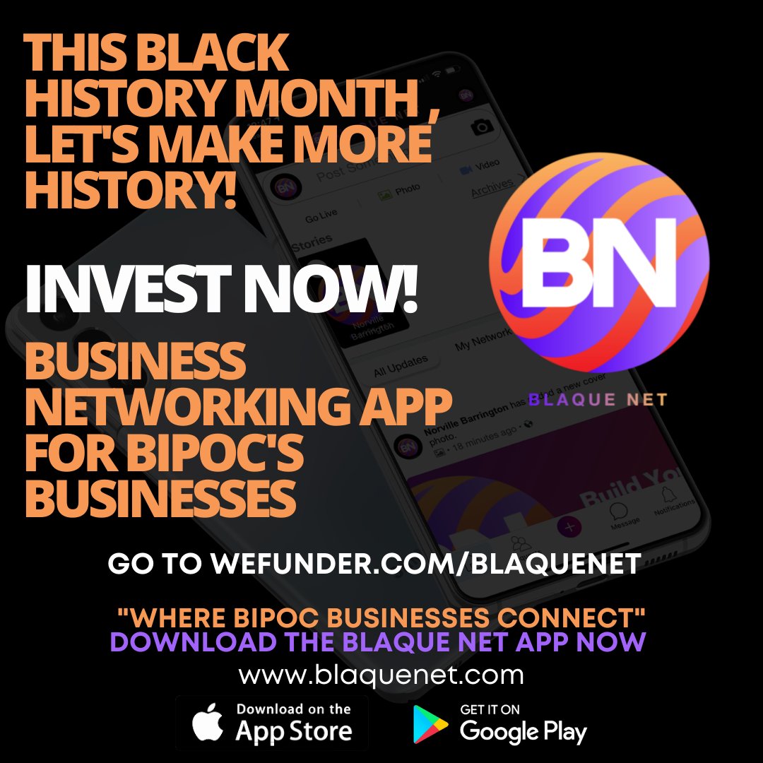 MrNBarrington's tweet photo. The Blaque Net Crowdfunding campaign is finally live on https://t.co/jXM9aK9XNS. Business networking &amp; e-commerce for BIPOC businesses on the Blaque Net App.
.
.
#blaquenet #blackhistorymonth #bhm #wefunder #crowdfunding #entrepreneurs #melanin #nbmbaa #startup #bipoc #shopblack https://t.co/gUoACoIbjN