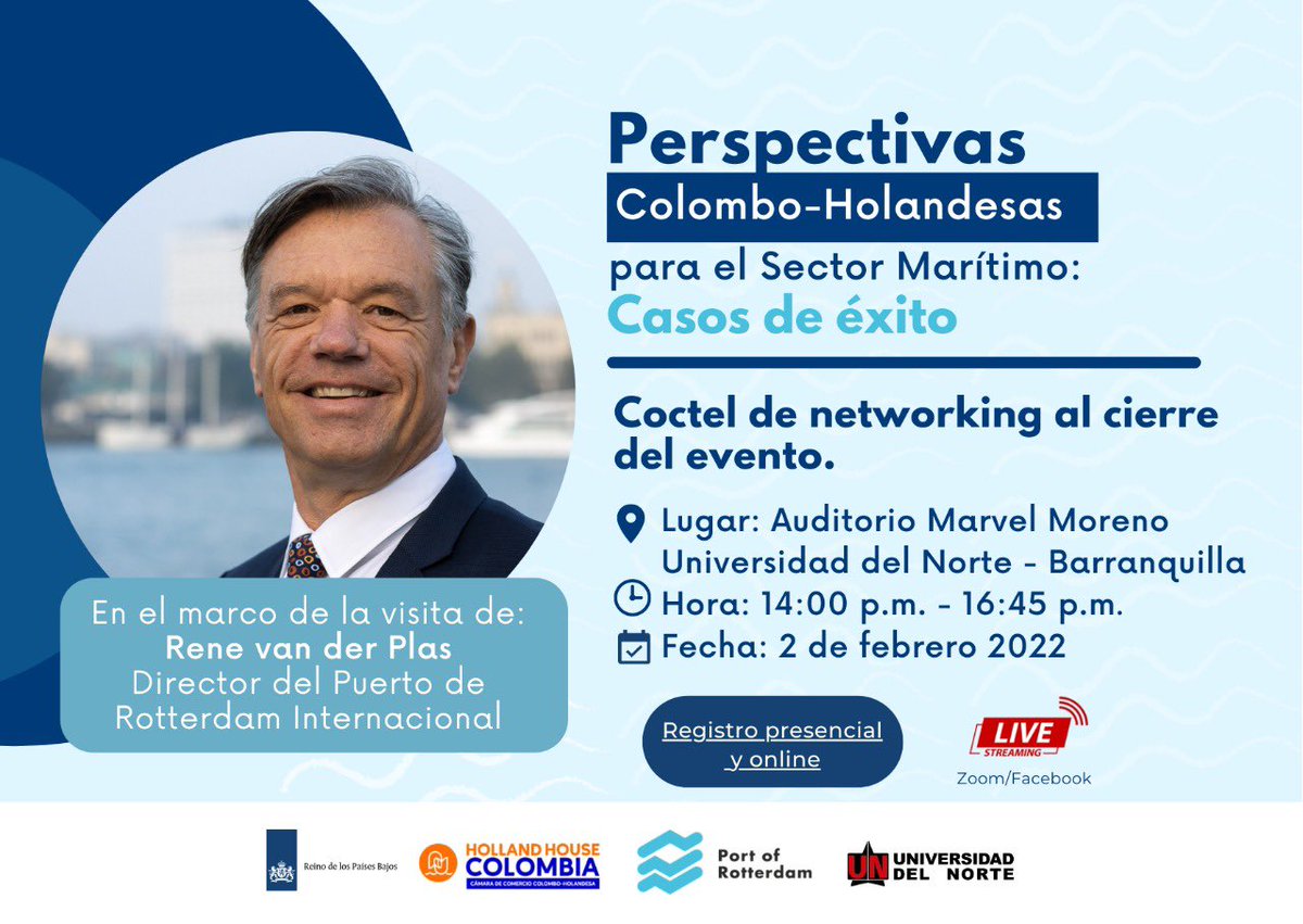 Mañana 2 de febrero no te pierdas el conversatorio sobre las Perspectivas Colombo-Holandesas para el sector marítimo liderado por el Director del Puerto de Rotterdam Internacional, Rene van der Plas.

Link de inscripción: bit.ly/3HHnovg