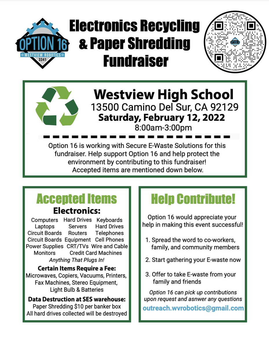 Mark your calendars! Bring in your retired TVs, computing equipment and electronics! On Sat 2/12 from 8:00am-3:00pm, please drop them off at the Westview High Parking Lot. Paper shredding services are also available with a small fee.