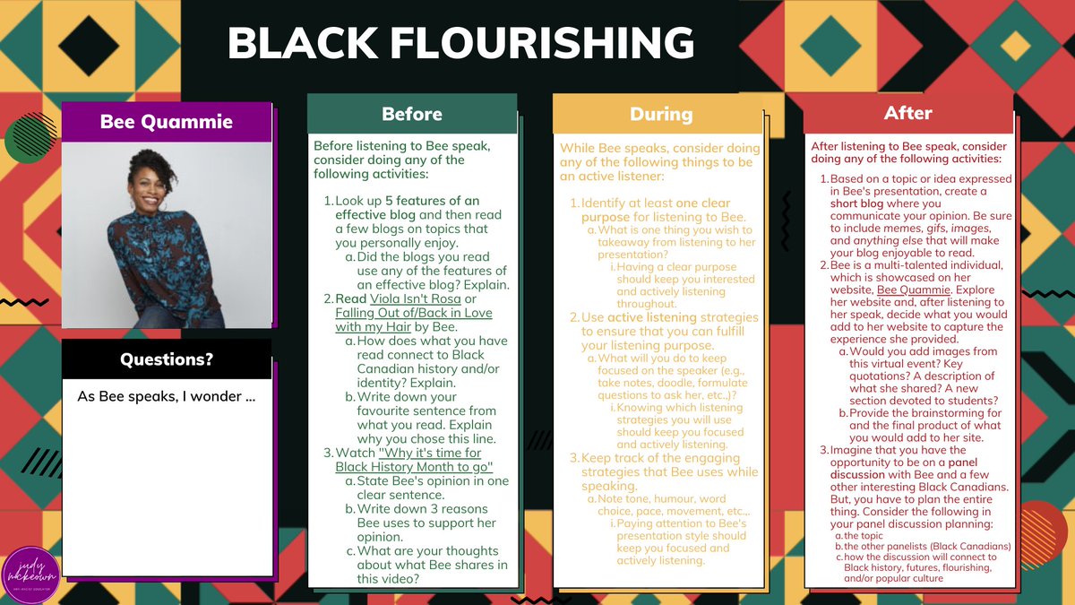 MzMcKeown's tweet image. For education workers who wish to debrief with their students right away, outside of the BDA provocations, feel free to use these questions I created (1st=elementary panel and the 2nd=secondary panel). 

And, check out the BHM calendar to see what else is on offer!
