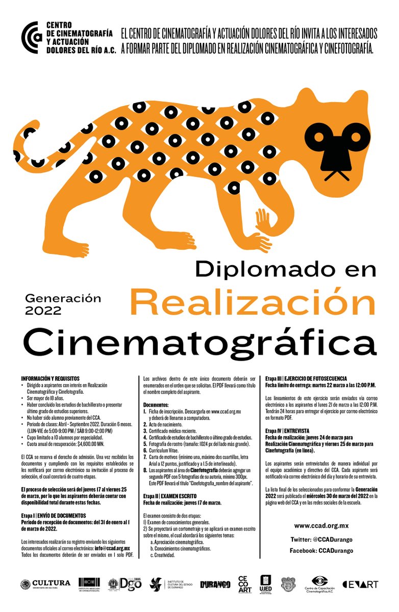 🚨¡Se abre convocatoria!🚨 #CCAGeneración2022
Diplomado en Realización Cinematográfica🎬
Envía tus documentos antes del 01 de Marzo
¡CUPO LIMITADO!
Ficha de inscripción 👉ccad.org.mx/escuela/