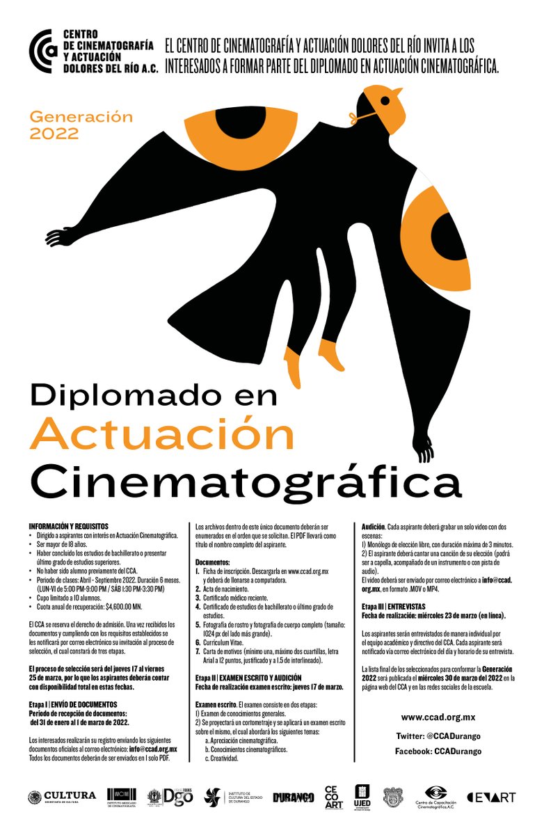 🚨¡Se abre convocatoria!🚨 #CCAGeneración2022
Diplomado en Actuación Cinematográfica🎭
Envía tus documentos antes del 01 de Marzo
¡CUPO LIMITADO!
Ficha de inscripción 👉ccad.org.mx/escuela/