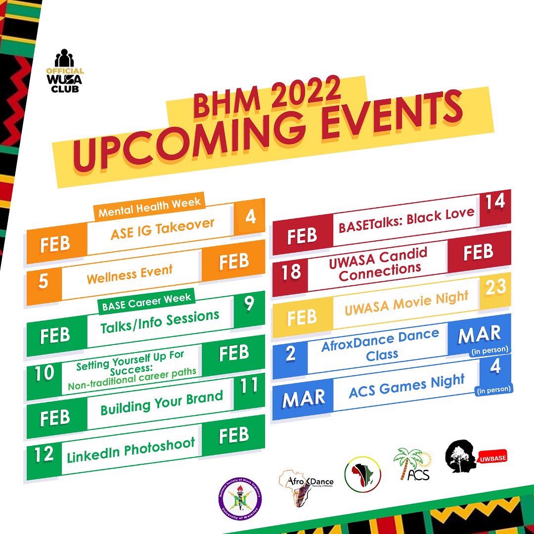 WELCOME TO BLACK HISTORY MONTH 🥳🖤  We’re super excited to present this year’s BHM campaign! In the spirit of the month, our five clubs have come together to create spaces for us to uplift, empower and enjoy ourselves as a community. Stay tuned to our socials for announcements☺️