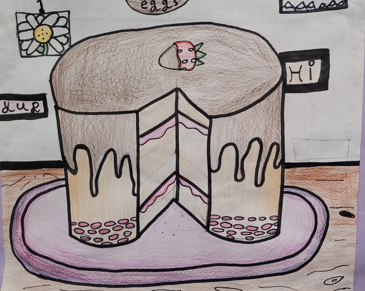 Congratulations to my Stellar Student from Herm's Fourth Grade Class.  Her Wayne Thiebaud inspired cake project looks beautiful. I love all the shadows and shading, the 3D cake and the lovely details in the background.