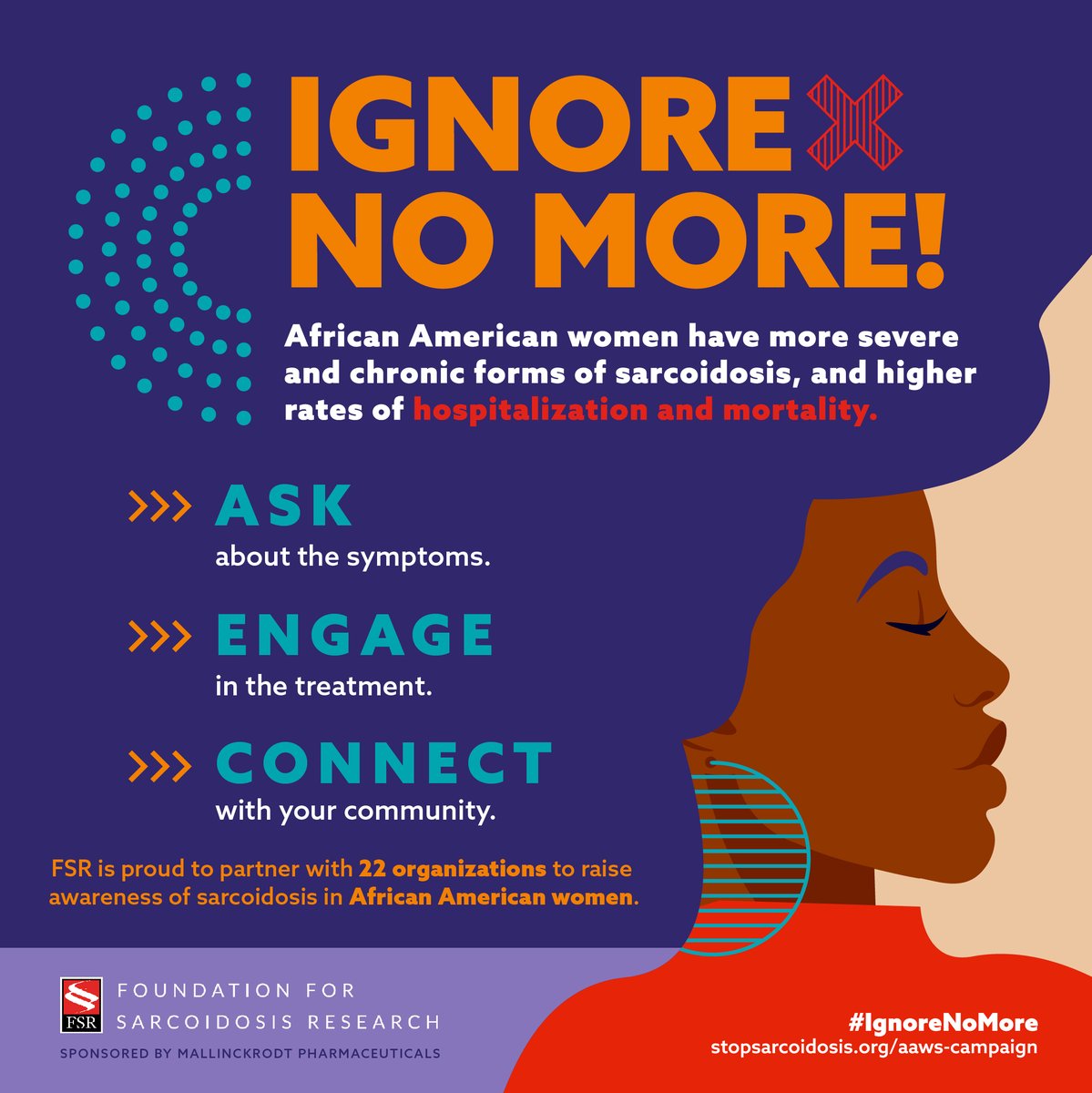 We are proud to raise awareness about the disparities in healthcare for African American women through our Ignore No More Campaign. 

Learn more:bit.ly/3mIToGI

 #IgnoreNoMore #BlackHistoryMonth #blackwomenshealth #raredisease #sarcoidosis #DEI