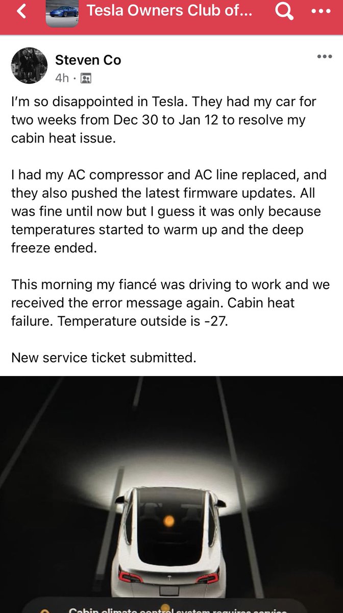 ghost_scot's tweet photo. Yikes! #Tesla #Model3 owner from Canada reports Tesla service replaced his car’s AC compressor and AC line in early January and pushed the lastest OTA due to cabin heat failure, but the issue is back again!
#TeslaServiceIssues
#TeslaQualityIssues
#TeslaColdWeatherIssues https://t.co/U6sg0ef2QJ