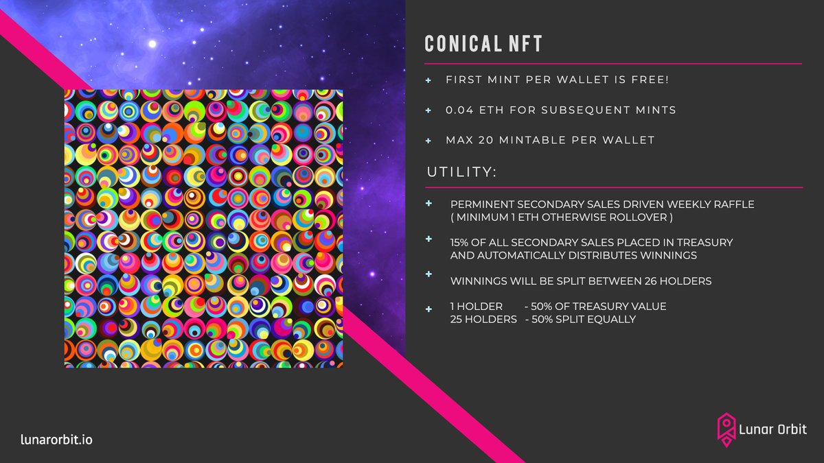 DecoNft's tweet image. lunarorbit.io Will be dropping a free mint soon
Conical NFT

Join the Lunar Orbit Community: dsc.gg/lunar-orbit
For More To Come!

#NFTCommunity #NFT #NFTart #NFTdrop