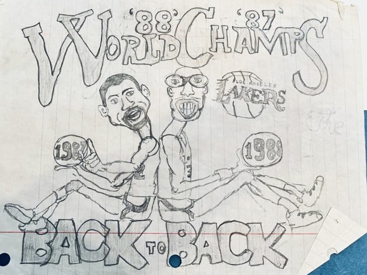 szmust's tweet photo. @MagicJohnson @kaj33 Just wanted to share my drawing from 34 years ago that my mother just found in a box…huge fan of you both and the @Lakers https://t.co/CyaAPzreWq