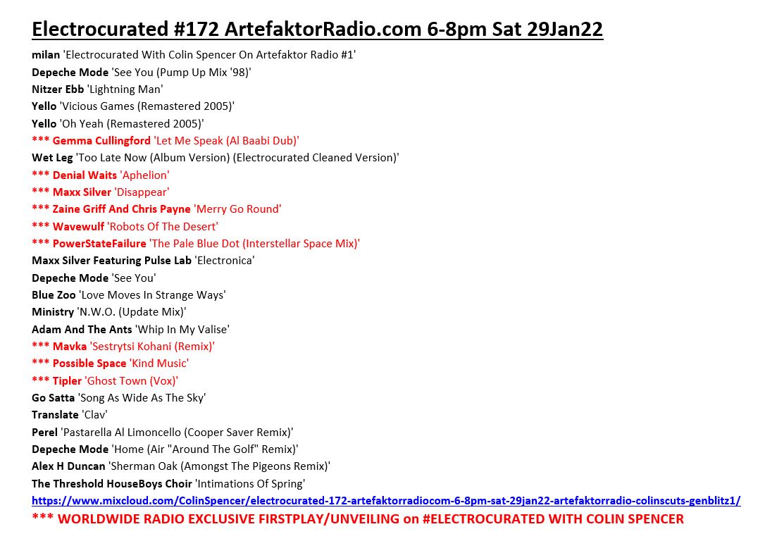 Colin Spencer #AllAboutTheMusic #GenerationBlitz (@colinscuts) on Twitter photo #Electrocurated #172
▶️mixcloud.com/ColinSpencer/e…
featured,
at least,
NINE
worldwide radio #exclusive firstplays/unveilings
amongst
the self-released artists and output of labels
including
#Axis
<a href="/CherryRedGroup/">Cherry Red Records</a>
<a href="/Dominorecordco/">Domino Recording Co</a>
<a href="/IrregularPat1/">Irregular Patterns</a>
<a href="/MuteUK/">Mute</a>
#MyDog
@outredisque
<a href="/state_bass/">Gilberto Trentin</a> #Electrocurated #172
▶️mixcloud.com/ColinSpencer/e…
featured,
at least,
NINE
worldwide radio #exclusive firstplays/unveilings
amongst
the self-released artists and output of labels
including
#Axis
<a href="/CherryRedGroup/">Cherry Red Records</a>
<a href="/Dominorecordco/">Domino Recording Co</a>
<a href="/IrregularPat1/">Irregular Patterns</a>
<a href="/MuteUK/">Mute</a>
#MyDog
@outredisque
<a href="/state_bass/">Gilberto Trentin</a>
