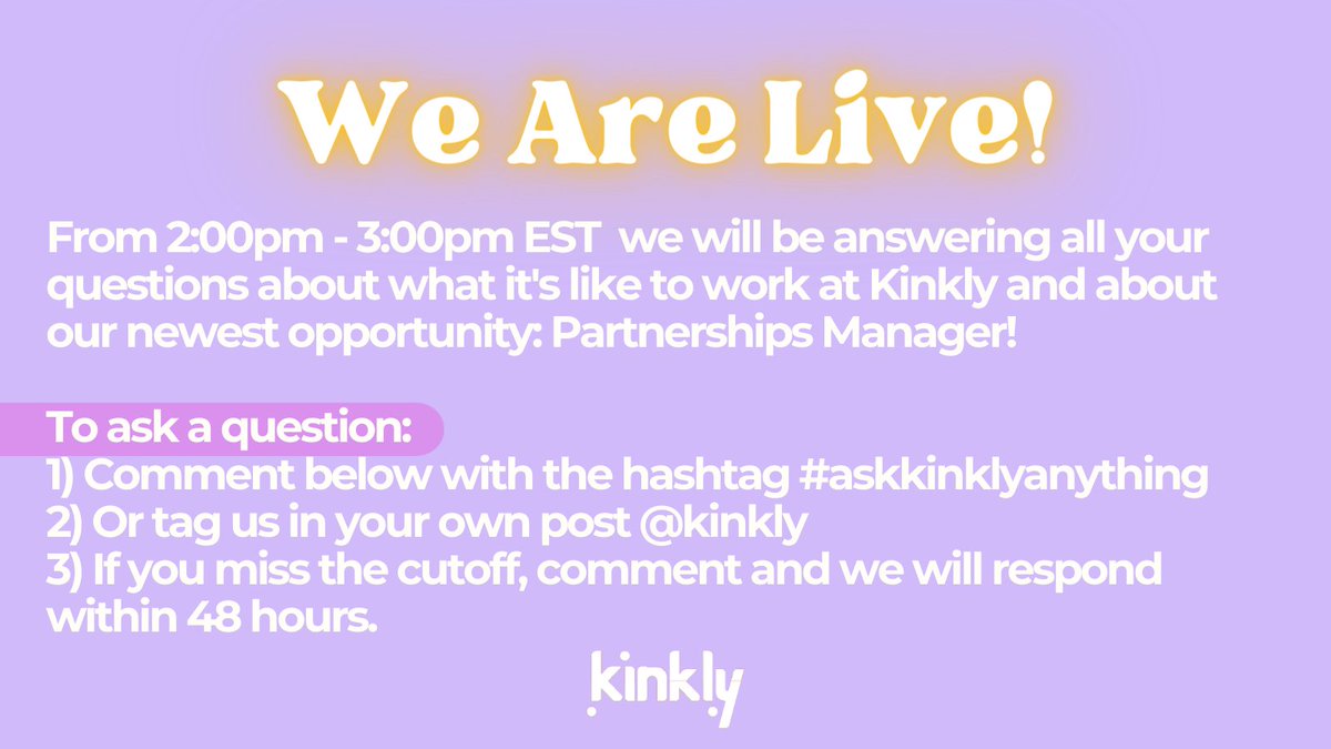 kinkly's tweet photo. WE ARE LIVE!! Join Co-Founder @Tara_Struyk and #AskKinklyAnything about what it's like to work on the Kinkly team, our new Partnerships Manager opportunity and what goes on behind the scenes! Comment below to get the balls rolling 😜 #AMA #partnershipsmanager https://t.co/FuR3o69rVa