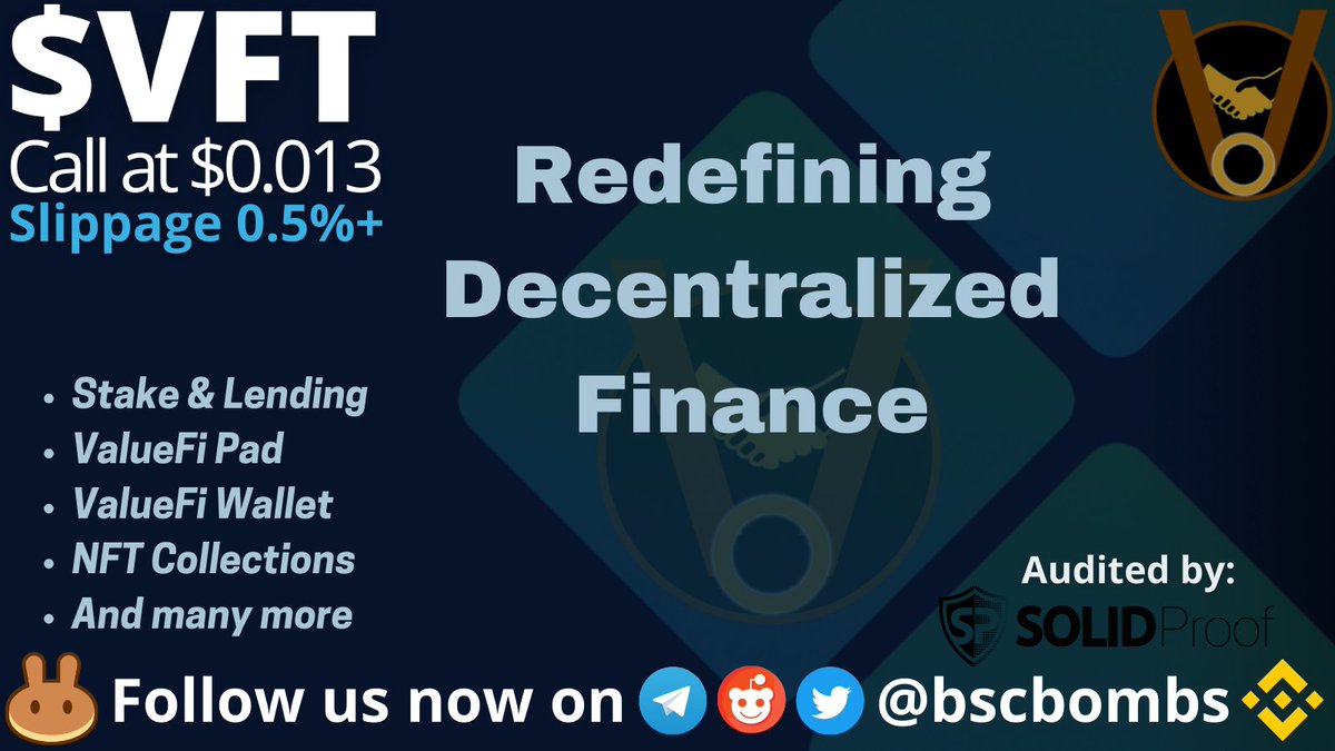 allchainbombs's tweet photo. FOLLOW UP; Value Finance a Blockchain development platform created to serve as a bridge that will enhance upcoming/existing projects is finally @PancakeSwap Offering 100% #APY in #Stake #Lending #ValueFiPad #Defi #CEX listing &amp; more, could 50x 100x DYOR! #BSC $VFT @ValueFinance_ https://t.co/WXOTRkAdTv