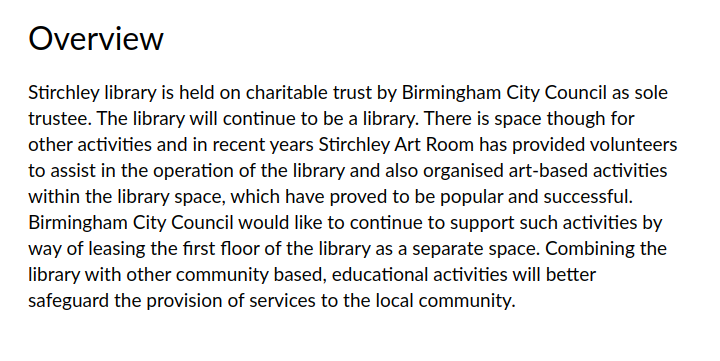 ArtStirchley's tweet photo. POTENTIALLY EXCITING NEWS... Birmingham City Council is consulting on the use of Stirchley Library including the possiblity of leasing the first floor space to community groups such as us! Good idea? well, obviously we think so, but please have your say.. 
https://t.co/KNTEmhDkas https://t.co/OU2hUsP5zM