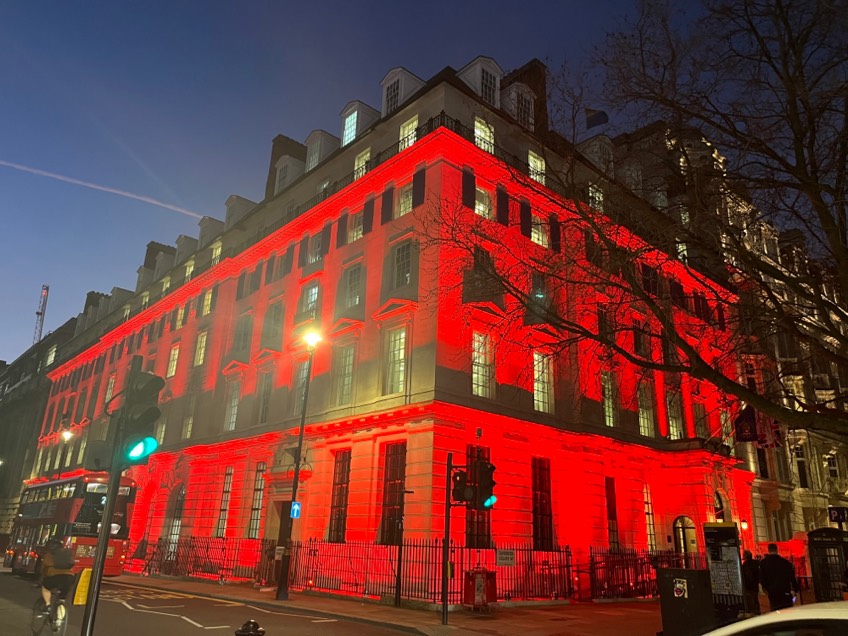 Our headquarters in London has been lit red this evening in solidarity and remembrance for health workers who have risked, and lost, their lives to provide care over the past year in Myanmar. Read more in our news story.  rcn.org.uk/magazines/News…